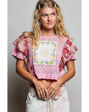 Pol Jessica Pointelle Knit Swing Patchwork Sweater Top - Pink
