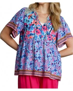 Umgee Mixed Floral Print Bohemian Top - Blue