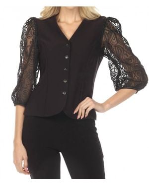 Joseph Ribkoff Embroidered Mesh Sleeve Fitted Blazer - Black