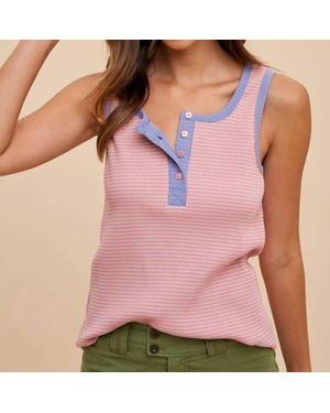 Anniewear Contrast Striped Rib Henley Tank - Pink