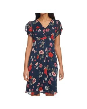 Calvin Klein Puff Sleeve Chiffon Mini Dress - Blue