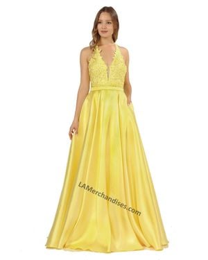 TRUEDAMES Halter Lace & Mikado A-Line Dress With Pockets - Yellow