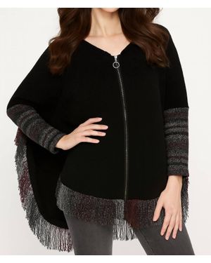 French Kyss Kimberly Fringe Hooded Poncho - Black