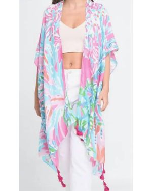 Ellison+Young Lily Island Watercolor Boho Kimono Wrap Shawl Cover Up - White