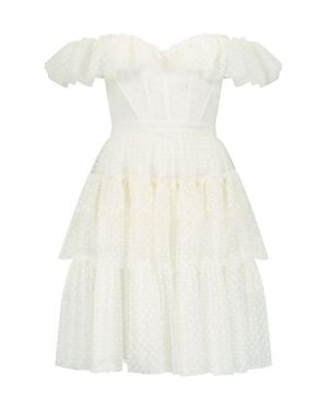 BCBGMAXAZRIA Mini Dress Tiered Ruffle Hem Off The Shoulder Erk1425 - White