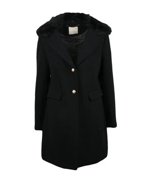 Yes-Zee Plush Fur Collar Double-Button Wool-Blend Coat - Black