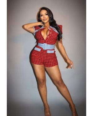 TRUEDAMES Plaid Print Denim Romper - Red