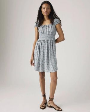 Levi's Yara Crepe Mini Dress Floral Ruched Ruffle Sleeve Pal135 - Blue