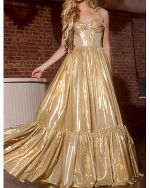 Jovani Shiny Corset Gown With Flared Skirt - Brown