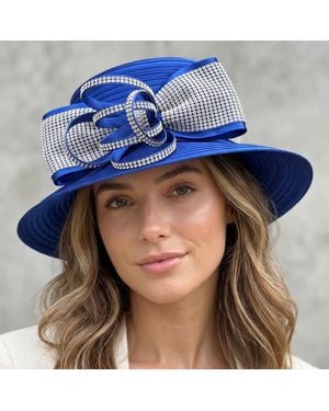 Fashnzfab Bling Studded Bow Accent Wide Brim Statement Dressy Hat - Blue