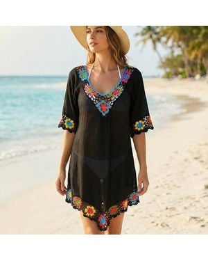 TRUEDAMES Lightweight Granny Square Floral Crochet Trim Sheer Beach Cover Up Poncho - Black