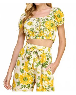 As U Wish Floral Print Puff Sleeve Button Front Top - Yellow