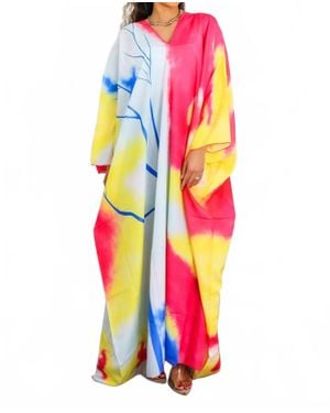 SurelyMine Colorburst Abstract Kimono Maxi Dress Flowy V-Neck Style - White