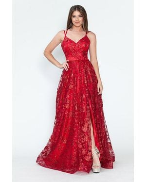 TRUEDAMES Glitter Floral A-Line Evening Gown With Slit-Spaghetti Straps & Sweetheart Neckline - Red
