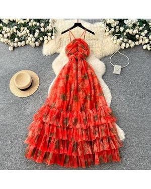 TRUEDAMES Vacation Halter Sleeveless Printed Dress - Red