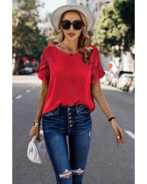 TRUEDAMES Fashnzfab Solid Round Neck Ruffle Sleeve Loose Fit Blouse - Red