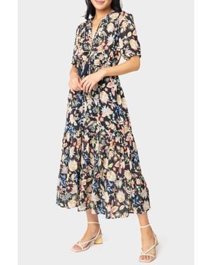 Elan Short Sleeve Tiered Floral Midi Dress - White