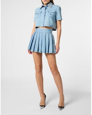 Philipp Plein Chambray Cropped Shirt Crystals - Blue