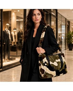 Fashnzfab Plush Faux Fur Camouflage Shoulder Tote Bag - Black