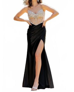 Cinderella Couture Beaded Sheer Corset Slit Gown - Black
