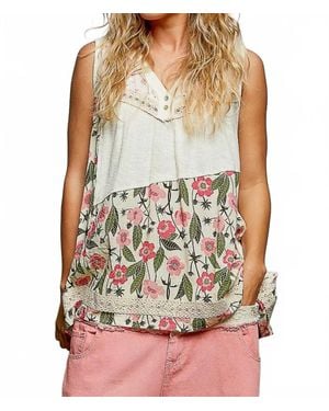 Pol Floral V-Neck Lace Trim Sleeveless Top - Multicolor