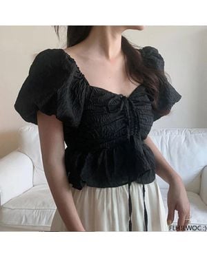 TRUEDAMES Sexy Short Chic Crop Tops Off Shoulder Korean Japanese Flhjlwoc Style Design Floral Ruffled Vintage Peplum Top Blouse - Black