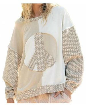 Pol Vintage Washed Long Sleeve Peace Patch Front Top - Natural