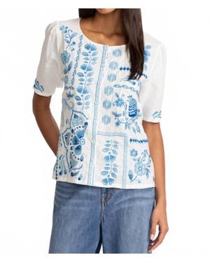 Johnny Was Pre-Loved Yadira Linen Flutter Sleeve Blouse - Blue