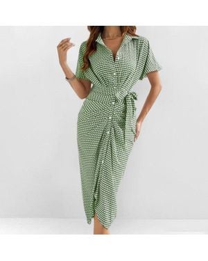 TRUEDAMES Summer V-Neck High Waist Temperament Breasted Buckle Lace-Up Short Sleeve Dress - Green