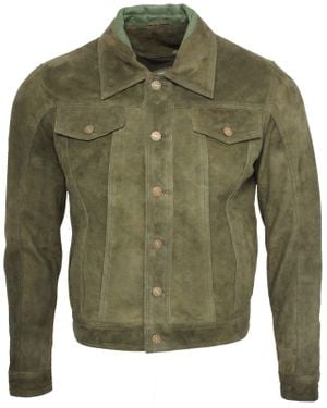 Infinity Leather Trucker Classic Suede Leather Shirt Jeans Jacket - Green