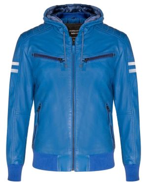 Infinity Leather Leather Hooded Retro Bomber Jacket - Blue