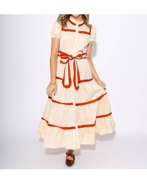 TCEC Scallop And Stitch Bow Tie Tiered Midi Dress - Natural