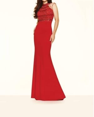 Paparazzi by Mori Lee Jeweled Beaded Net Bodice Evening Gown - Red