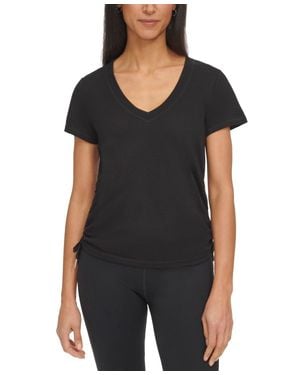 Calvin Klein T-Shirt Textured V-Neck Drawstring Ruched Top Fts564 - Black