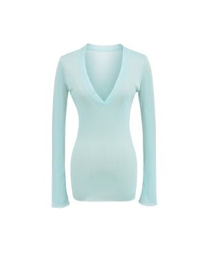 TRUEDAMES Deep V Neck Sheer T-Shirt - Blue