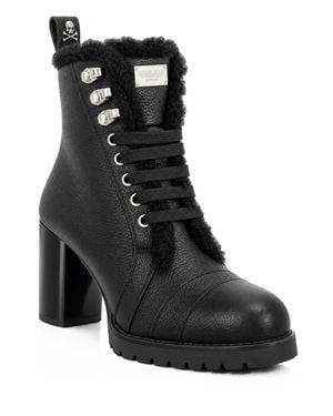 Philipp Plein Leather Boots Lo-Heels Fake Fur - Black
