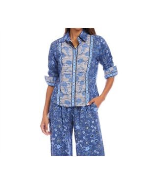 Karen Kane Ruched Sleeve Border Print Shirt - Blue
