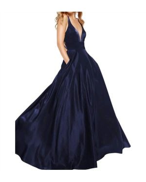 Alyce Paris V-Neck Satin Long Dress - Blue