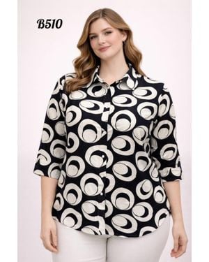 TRUEDAMES Geo Circle Print 3/4 Sleeve Button-Up Shirt - Black