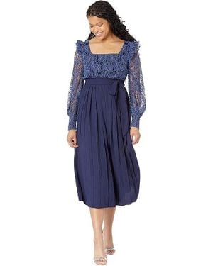 Little Mistress Belle Midi Dress Pleated Sheer Puff Sleeve Jdm834 - Blue