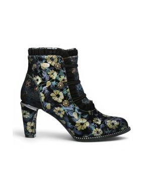 Laura Vita Floral Victorian Leather Heel Ankle Boots - Black
