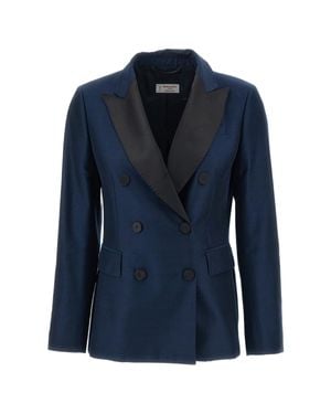 Alberto Biani Iridescent Satin Double-Breasted Tuxedo Blazer - Blue