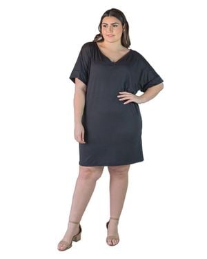 24seven Comfort Apparel Plus Size Solid Color Loose Fit V Neck T Shirt Style Knee Length Dress - Blue