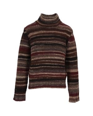Kangra Cashmere Knitted Turtleneck Sweater With Horizontal Stripes And Ribbed Details - Brown