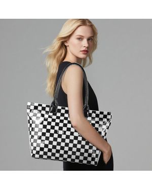 Fashnzfab The Bag Message Print Checkered Pattern Clear Finish Tote Bag - Multicolor