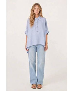 Q2 Oversized Striped Poplin Blouse With Starfish Buttons - Blue
