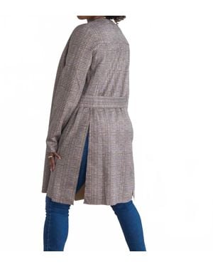 Davi & Dani Plaid Suede Longline Side Slitted Hem Blazer Without Lapel - Gray