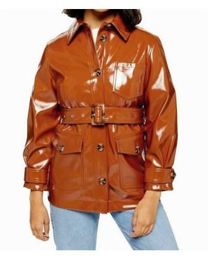 TOPSHOP Rust Patent Belted Coat Jacket High Gloss Vinyl - Orange