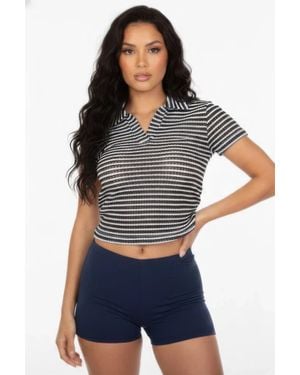 TRUEDAMES Pineapple Knit Striped Polo Crop Top - Blue