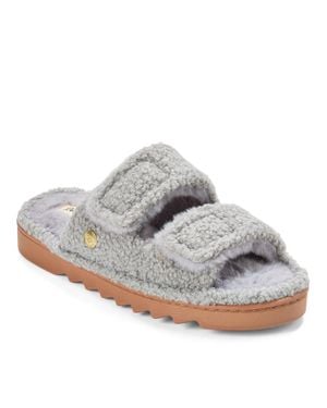 Dearfoams Regina Teddy Double Band Slide Slipper - Gray